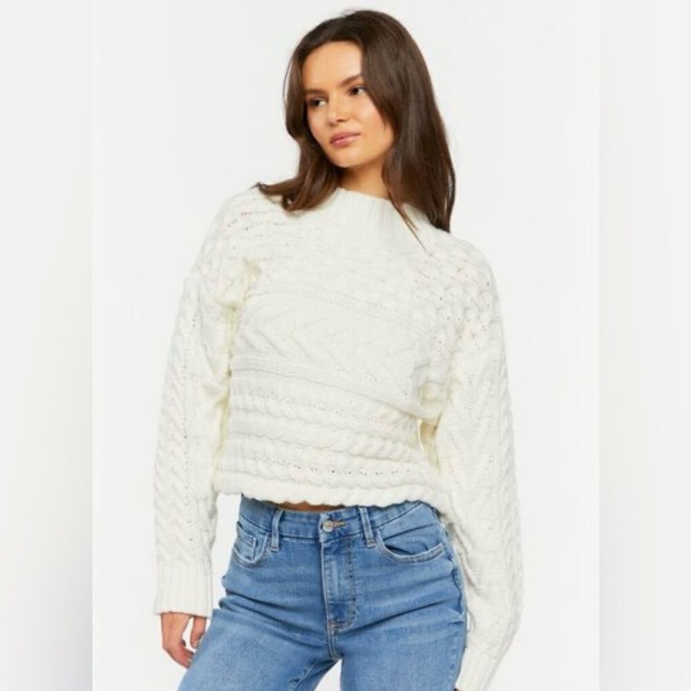 F21 M White Horizontal Cable Knit Mock Neck Crop Sweater